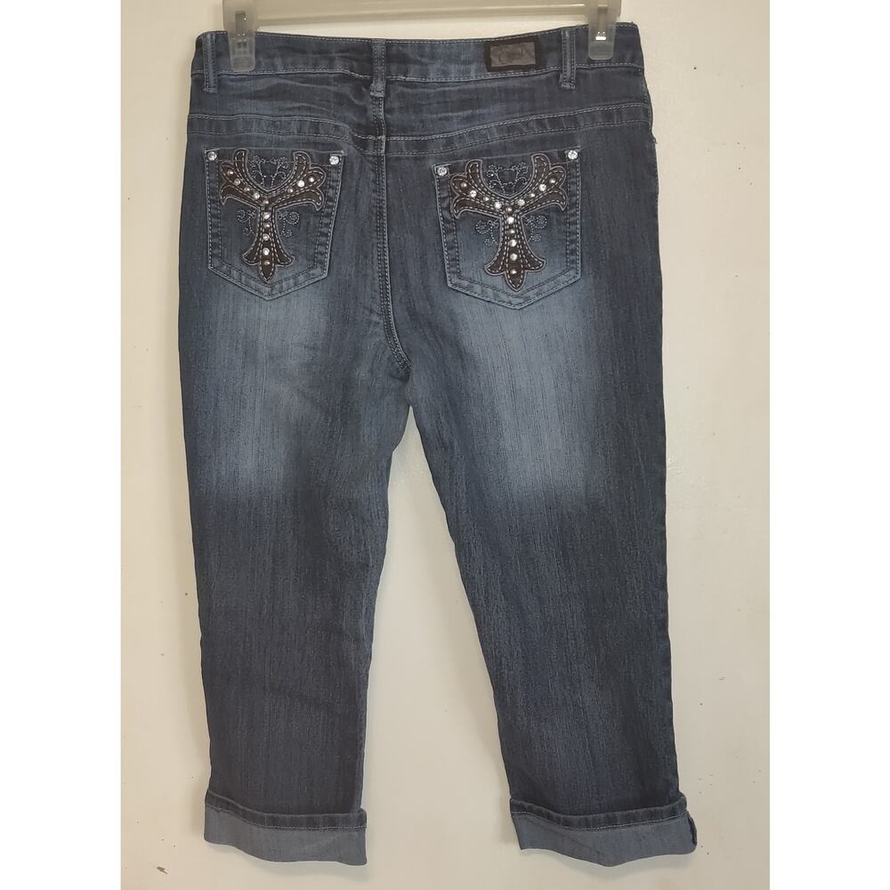 Earl Jean Denim Capris Blue Jeans Sz 8 Rhinestones Embellished BLING Stretch - Picture 11 of 15